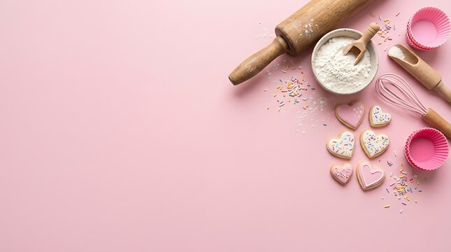 Baking ingredients and heart-shaped cookies on pink background with rolling pin and whisk, ideal for celebrating holidays and special occasions with homemade treats.