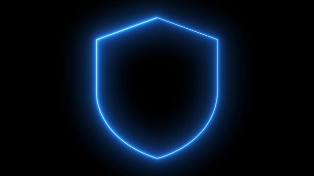 Single Blue Neon Shield Outline on Black Background protection security
