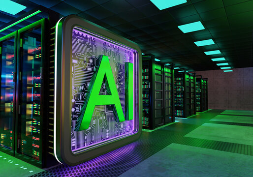 Artificial intelligence computing. AI servers operate in a data center, providing computing power for machine learning, neural networks and cloud services. 3D image