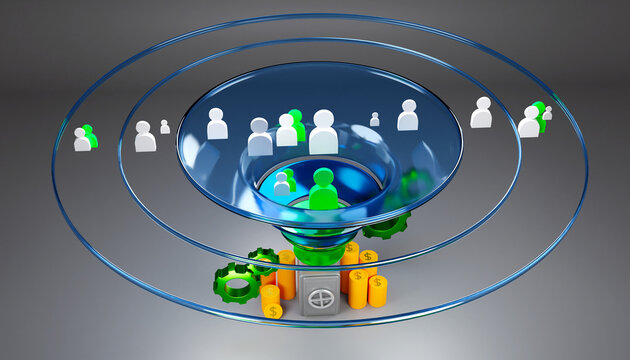 Customer acquisition. Sales funnel filters potential buyers into qualified customers while automation and revenue symbols represent business growth and conversion. 3D image