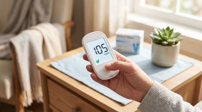 A person holds a glucose meter displaying a blood sugar level of 105 mg/dL in a cozy, sunlit room with a plant and a glucose test strip box in the background.