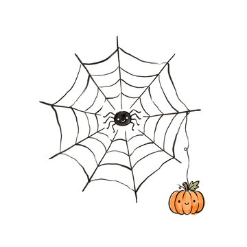 A hand-drawn sketch of a spider web hangs with a small orange pumpkin illustration.