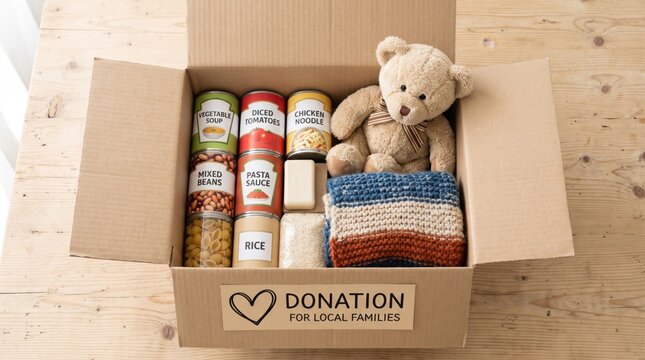 A donation box containing canned food, rice, pasta sauce, and a teddy bear, labeled for local families.