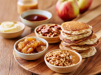 Fototapeta premium Styled mini pancake brunch spread featuring fluffy pancakes, apple slices, syrup, and assorted toppings on a wooden platter, perfect for breakfast or brunch gatherings