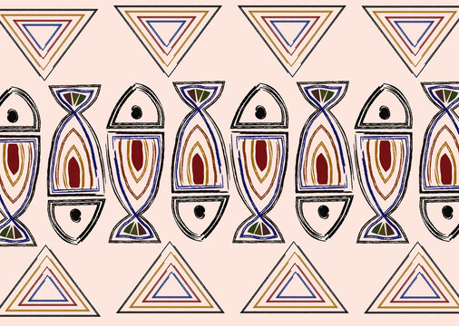 Tribal seamless pattern with hand drawn stylized fish and decorative triangles