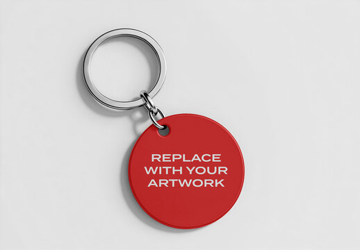 Circular keychain mockup with silver metal ring and chain, flat lay on light gray surface, branding presentation template for custom artwork, graphic design display