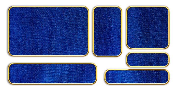 Dark blue denim fabric rectangles enclosed in polished gold metal frames on white background isolated on a transparent background