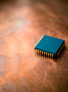 A single electronic microchip processor resting on a textured copper metal surface background