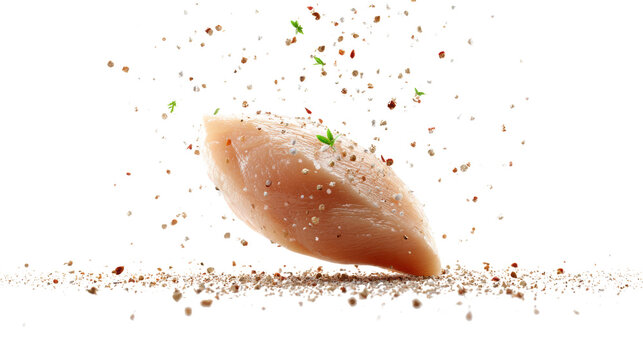 Raw chicken breast fillet with flying salt pepper and herb seasoning isolated on transparent background