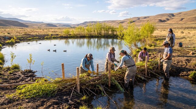 Watershed Restoration Team Weaving Native Willow And Alder Bra...