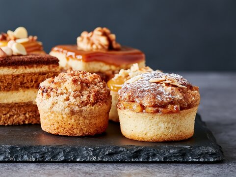 Beautiful collection of mini autumn-themed desserts displayed on a dark slate serving board with a variety of textures and toppings visible in a well-lit setting