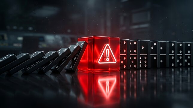 Red glowing hazard cube with warning sign stops falling dominoes effect in dark environment symbolizing risk management and crisis prevention.