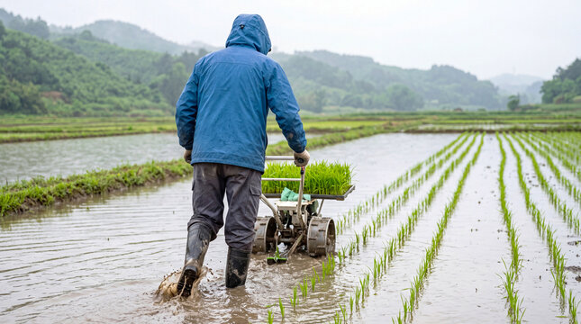 Farmer operates a rice transplanter machine across flooded paddy field in rain, blending modern tools with rural farming