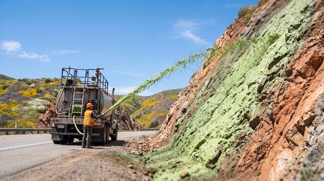 Hydroseeding Truck Spraying A Green Biodegradable Wood-Fiber S...