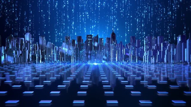 Blue futuristic city beneath binary code, AI computing processing. for machine learning, cyber defense, privacy, authentication, servers, software development, secure networks automated systems.