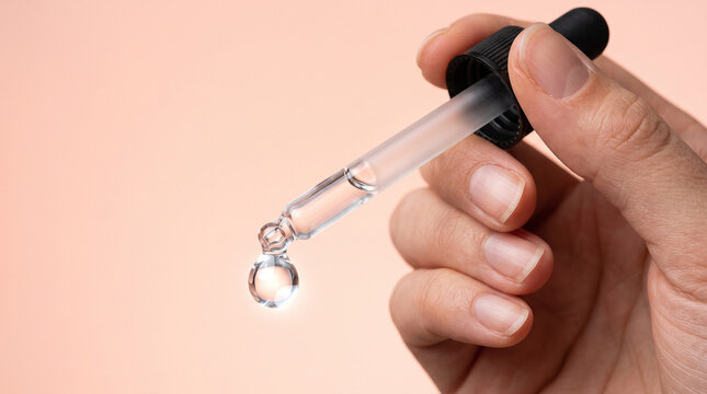 Skincare concept, female hand holding glass dropper with clear liquid drop on peach background