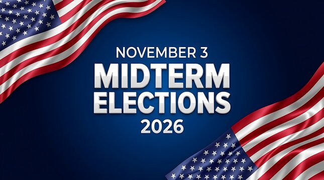 United States flag waving over dark blue background with text for the midterm elections in November 2026