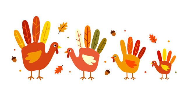 Cute turkey family vector illustration with autumn oak leaves and acorns for Thanksgiving holiday background