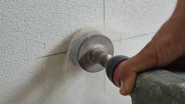 Slow motion close-up of drilling a marked aerated concrete wall with a core drill for electrical work.