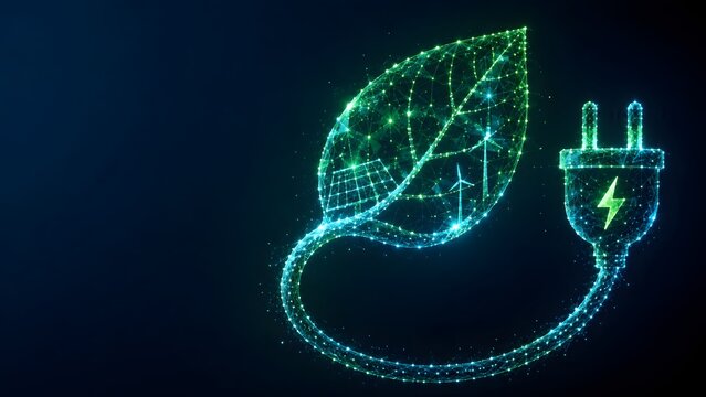 Glowing digital network leaf connected to power plug representing sustainable green energy and renewable eco-friendly technology