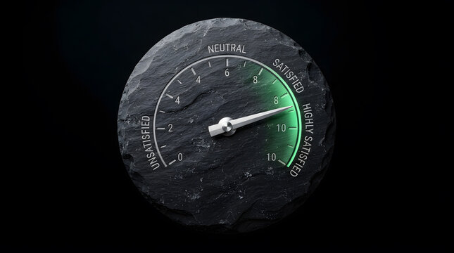 High customer satisfaction rating gauge | Business performance metric meter on stone | Feedback evaluation tool highly satisfied level | Positive user experience indicator visualization