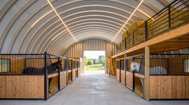 Elegant equestrian stable interior with wooden horse stalls, arched roof, and hay loft in a modern barn