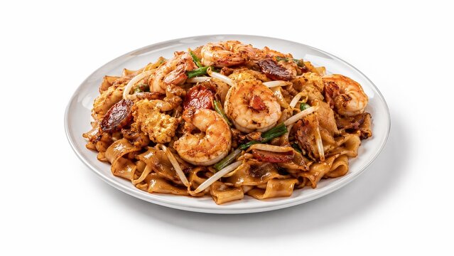 Char Kway Teow stir fried flat rice noodles with prawns, egg and bean sprouts, wok hei street food, 3d render