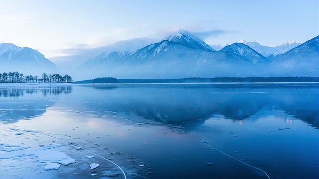 Frozen lake with snow-covered mountains and trees in a cold winter scene