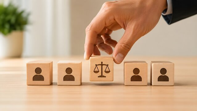 Hand placing a wooden block with scales of justice among employee icons symbolizing workplace ethics and corporate compliance