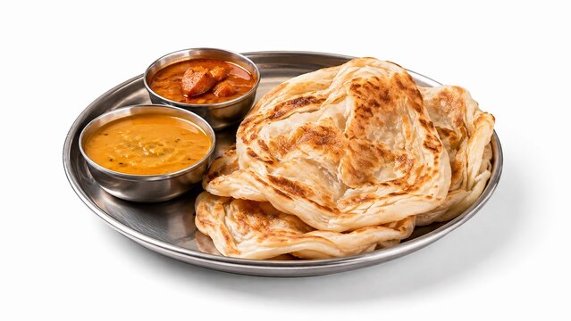 Roti Canai crispy flaky flatbread served with dhal and curry dipping sauce, malaysian breakfast, 3d render