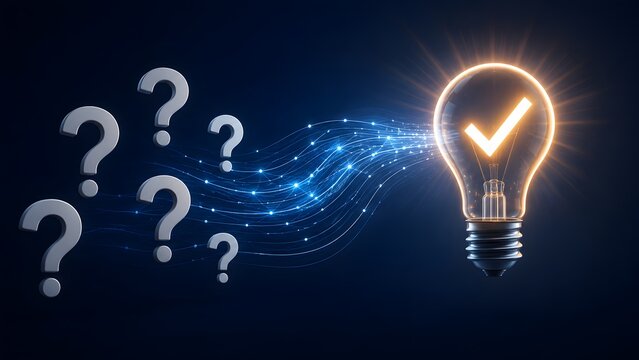 Glowing lightbulb checking off question marks symbolizing digital solutions innovation and problem solving technology