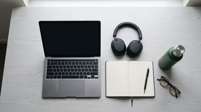 Desk Setup Essentials: A minimalist desk setup featuring a modern laptop, noise-cancelling headphones, an open notebook with a pen, eyeglasses, and a reusable water bottle.