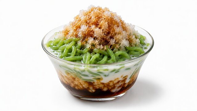 Cendol traditional iced dessert with green rice flour jelly, coconut milk, gula melaka palm sugar, 3d render