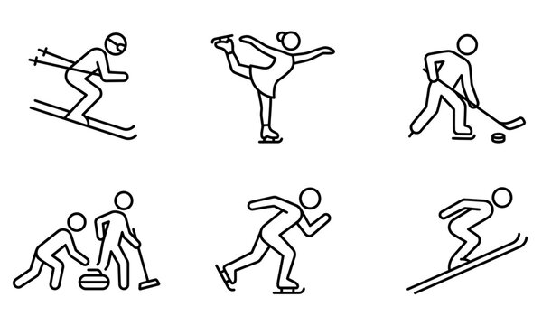 Winter sports icons with people skiing, skating, and playing hockey