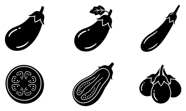 black and white eggplant icons for food blog or recipe design
