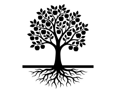 Black silhouette of an apple tree with roots and fruit
