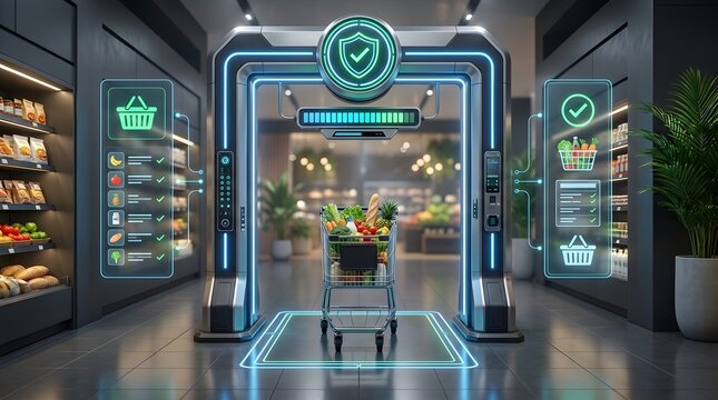Futuristic cashierless supermarket checkout with shopping cart passing through smart automated scanning gate and digital UI panels