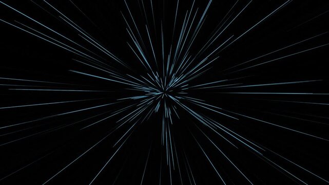 Futuristic science fiction warp speed blue starfield jump hyperspace travel tunnel animation loop video featuring glowing light streaks rushing towards camera in dark outer space environment