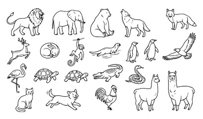Naklejka premium Wildlife and domestic animal black line art collection with hand drawn vector illustrations