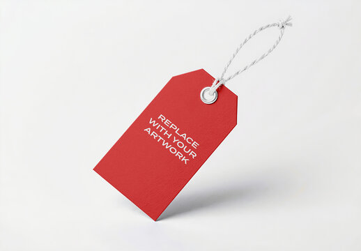 Leather texture price tag mockup with white string and metal grommet on background, realistic product presentation for branding design display, clean minimal stationery template