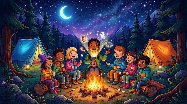 A group of diverse children sits around a crackling campfire at night in a forest under a starry sky with a crescent moon, listening to a story told by a friend holding a glowing lantern.