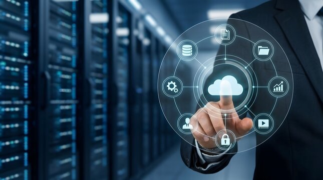 IT administrator pressing a glowing cloud computing icon on a futuristic holographic interface inside a modern server room
