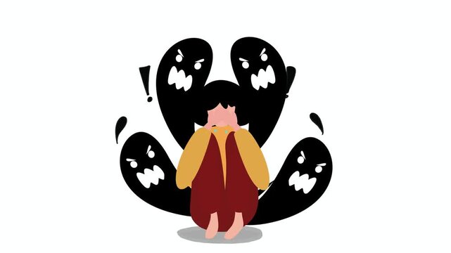 Stop Cyberbullying and Mental Illness anxiety Concept Animation Panic Attack Concept Motion Graphic, Depressed Crying Girl Motion Graphic Video