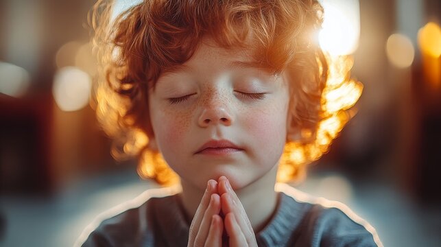 A Caucasian child with red hair prays with eyes closed, hands clasped. The image evokes a sense of peace and faith, suitable for Good Friday