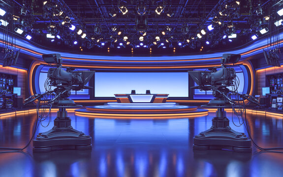 Modern television news studio with professional cameras and blue lighting setup