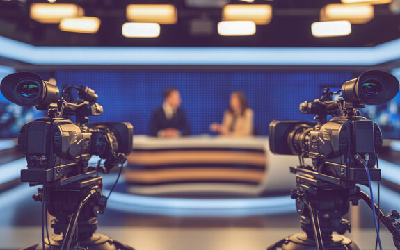 Professional broadcast cameras filming anchors at a desk in a blue news studio