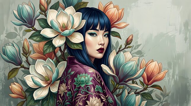 Artistic portrait of a woman surrounded by beautiful flowers stunningly crafted