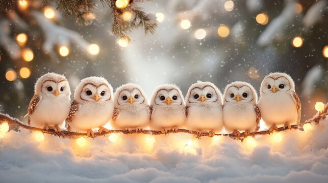 Six fluffy owlets perch on a snowy branch adorned with fairy lights, celebrating the Festival of Owls Week. A heartwarming winter scene