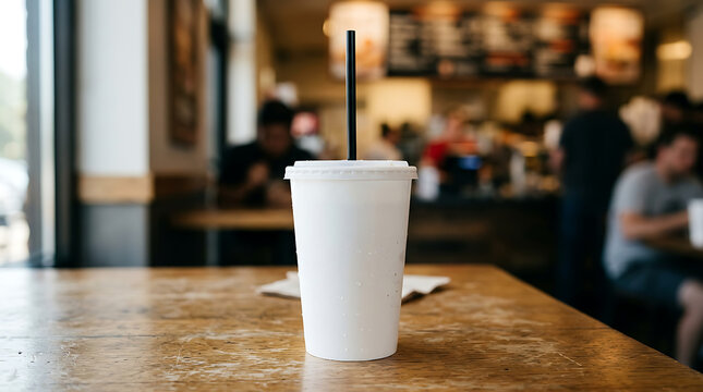 Blank white paper cup with straw on wooden table in a blurred fast food restaurant interior