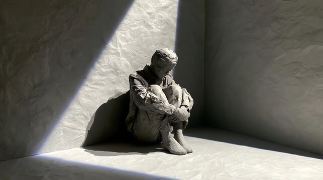 119. A conceptual art piece exploring apathy. A person sitting in a room where everything, including their clothes and skin, is slowly turning into gray, textureless papier-m&acirc;ch&eacute;, blending into 